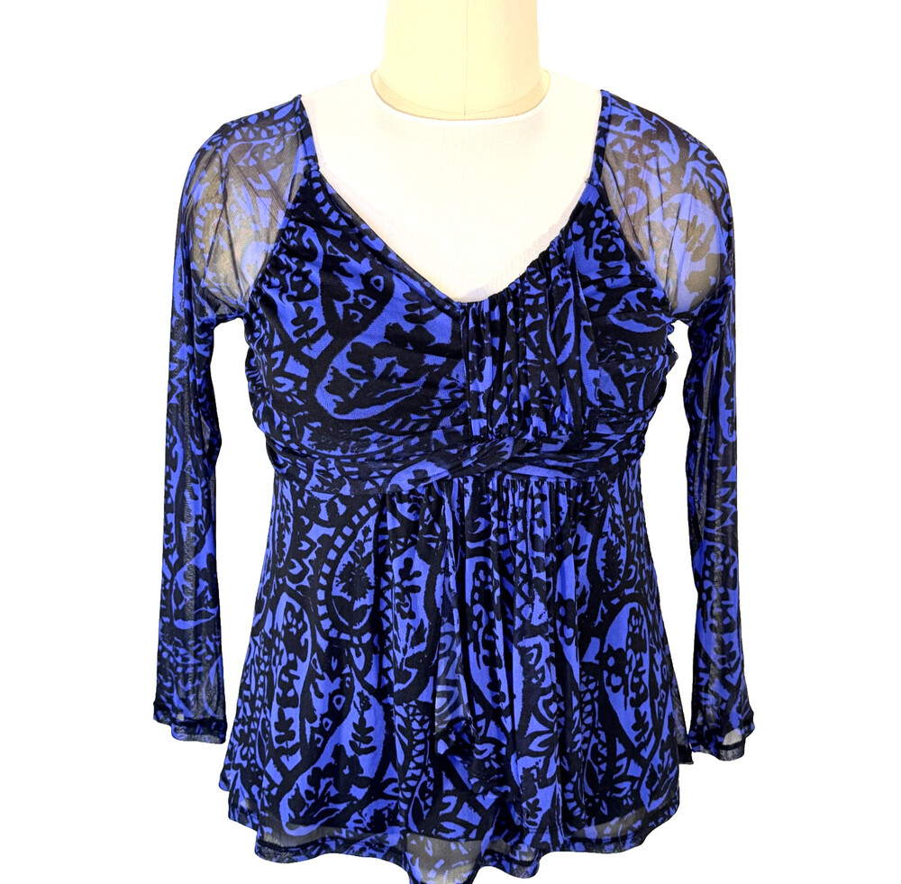 INC Tunic Blouse Womens L Mesh Black Blue Island Floral Print Long Sleeve V-Neck